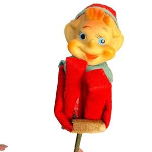 VIntage Knee-Hugger Christmas Pixie Elf Red Green on Plant Stick